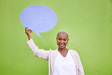 Image showing Black woman, speech bubble and portrait for mockup space, smile and opinion by green wall background. African girl, billboard and paper poster for voice, vote and social media with news announcement