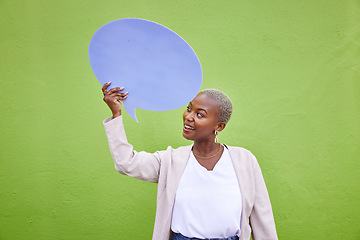 Image showing Black woman, speech bubble and thinking for mockup space, smile and opinion by green wall background. African girl, billboard and paper poster for voice, vote and social network for news announcement