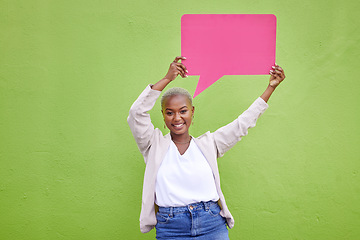 Image showing Black woman, speech bubble and portrait for poster, space or mockup with opinion by green wall background. African girl, billboard and paper with voice, vote and social network for feedback review