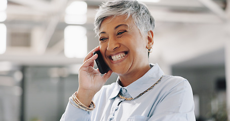 Image showing Smile, phone call or happy senior businesswoman in office for networking, good news or deal negotiation. Laughing, face or proud mature CEO on mobile communication for target, discussion or mission