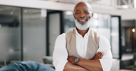 Image showing Portrait, corporate and senior man with arms crossed, smile and formal in a workplace, career and executive consultant. Face, African person or entrepreneur with a small business, professional or ceo