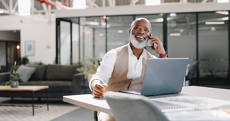 Image showing Smile, phone call or happy senior businessman in office for networking, good news or deal negotiation. Black man, laptop or mature CEO on mobile communication for target, discussion or sales mission