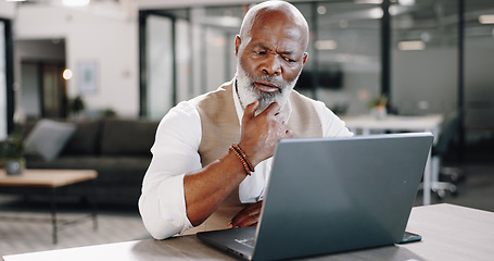 Image showing Thinking, laptop and senior business man in office for planning, schedule or management. Idea, solution and elderly African male executive online with plan doubt, problem solving or solution research