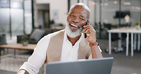 Image showing Black man, phone call or happy senior businessman in office for networking, good news or deal negotiation. Smile, laptop or mature CEO on mobile communication or discussion for online sales project
