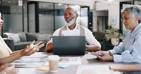 Image showing Laptop, CEO and meeting with a business team in the boardroom for planning a group strategy. Teamwork, collaboration or mature black man or women with employees working, talking or speaking of ideas