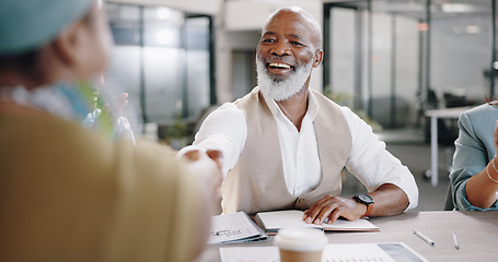 Image showing Handshake, negotiation talk or happy businessman in meeting in office for paperwork or contract. Job interview, shaking hands or senior black man with human resources team for recruitment opportunity