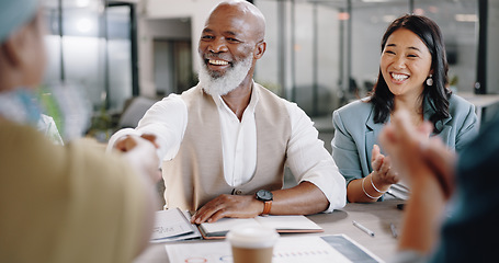 Image showing Handshake, clapping or happy business people in meeting in office for contract negotiation success. Job interview, shaking hands or senior black man with human resources for recruitment opportunity