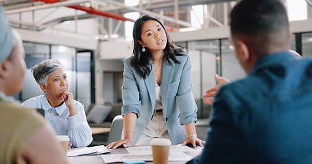 Image showing Leadership, woman or business people talking in meeting planning in discussion with vision or mission. Collaboration, question or employee speaking of project ideas in agency to team, CEO or boss