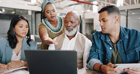 Image showing Laptop, teamwork or business people in meeting problem solving on an online strategy or data analytics. CEO, collaboration or group of employees speaking of project ideas in a digital agency together