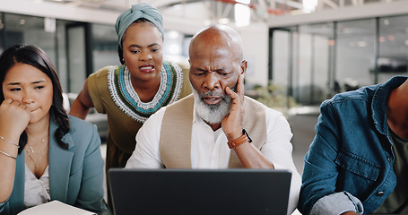 Image showing Business people, laptop and team confused with sad news, marketing mistake and social media disaster or risk. Manager, editor and group of employees reading on computer for copywriting error or fail