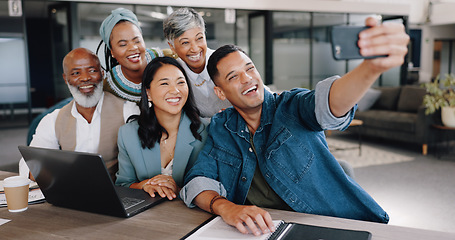 Image showing Selfie, meeting and planning with friends in the office together taking a picture for memory. Collaboration, smile and diversity with a happy business team in a creative workplace for a photograph