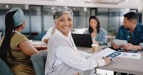 Image showing Senior woman, portrait and meeting with leadership, collaboration with creativity and planning at marketing agency. Management, business team and conference room with smile, coworking and paperwork