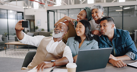 Image showing Business people, phone selfie and smile together in office for employee happiness, team support and solidarity. Teamwork partnership, smartphone photography and marketing team happy for comic fun