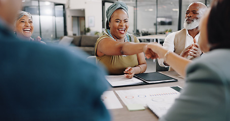 Image showing Business people, handshake and success in b2b meeting, agreement and applause for contract, deal or partnership Shaking hands, diversity and congratulations in achievement with crm collaboration