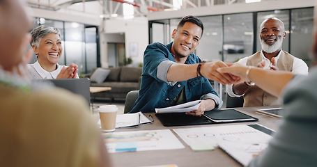 Image showing Business people, handshake and success in meeting, agreement and applause for onboarding or hiring employee. Paperwork, diversity and congratulations for recruitment of man in office with management