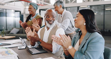 Image showing Business people, meeting or staff with applause, achievement and cooperation in an office. Group, teamwork and coworkers clapping, conference and workshop with a laptop, cooperation or celebration