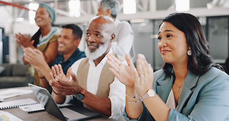 Image showing Business people, meeting or staff with applause, presentation and cooperation in an office. Group, teamwork and coworkers clapping, conference and workshop with a laptop, achievement or celebration