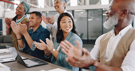 Image showing Business people, meeting or group with applause, achievement and b2b deal in an office. Staff, cooperation and coworkers clapping, conference and workshop with a laptop, conversation or celebration