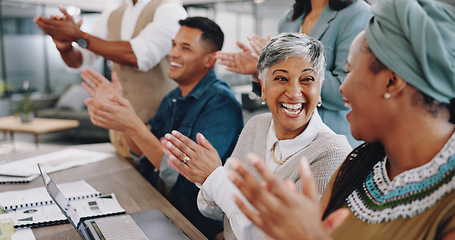 Image showing Business people, workshop or staff with applause, presentation and promotion with achievement. Group, teamwork and diversity with celebration, clapping and conference with a laptop and conversation