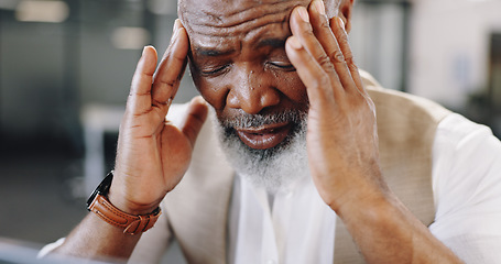 Image showing Stress, headache and senior business man in office with vertigo, pain or brain fog. Anxiety, burnout or elderly African male CEO with temple massage for migraine, mistake or disaster, dizzy or crisis