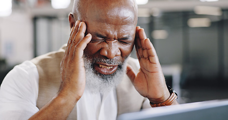 Image showing Headache, stress and senior business man in office with vertigo, pain or brain fog. Anxiety, burnout or elderly African male CEO with temple massage for migraine, mistake or disaster, dizzy or crisis