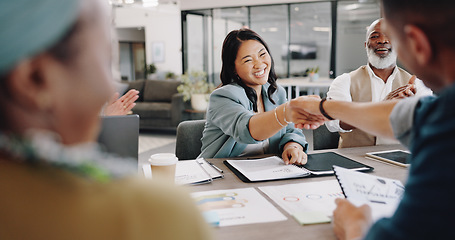 Image showing People, shaking hands and success in business meeting, negotiation and applause for agreement and b2b partnership. Contract, paperwork and congratulations for deal, collaboration or crm handshake