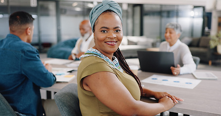 Image showing Leadership, brainstorming and portrait of black woman in office with corporate business people. Strategy, planning and collaboration, smile of businessman in conference room for professional workshop