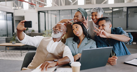 Image showing Business people, selfie and funny group in office, peace sign and comic with tongue for post on web blog. African CEO man, team and excited with emoji, memory and profile picture for social network