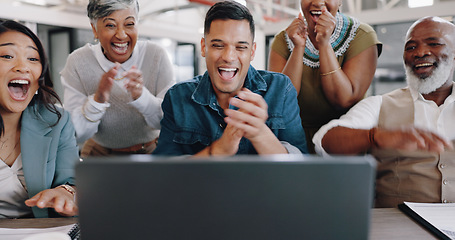 Image showing Business people, success and applause on laptop for winner or news of startup goals and marketing sales. Employees wow, celebration or clapping for social media target, winning or results on computer