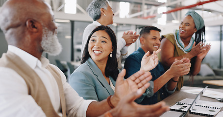 Image showing Business people, meeting or celebration with applause, presentation and promotion in an office. Group, teamwork and staff clapping, conference and workshop with achievement, cooperation and b2b deal