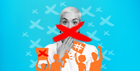 Image showing Cancel culture, woman and protest sign on mouth with silhouette figures for bullying, violence and solidarity with mockup space. Silence, person and words on lips with support for justice and power