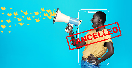 Image showing Megaphone, censored or woman shouting on social media on blue background for change in studio. Cancel culture, mobile icon or frustrated girl screaming on loudspeaker for human rights or free speech