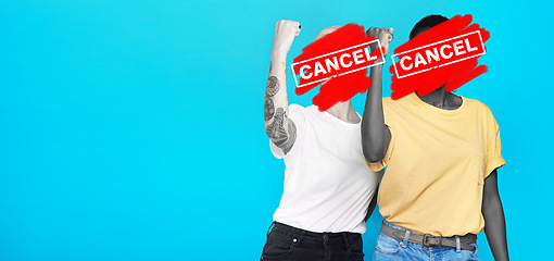 Image showing Protest, mockup and cancel culture with women on a blue background banner in studio for social media. Cyber bullying, influencer and diversity with friends at a rally in anger to reject shaming