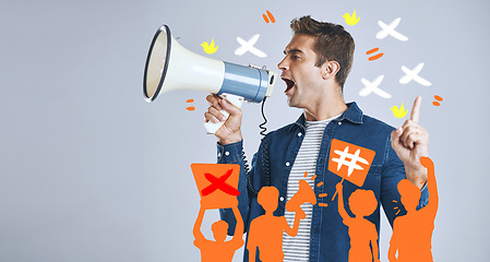 Image showing Megaphone, protest or man shouting in studio on white background for freedom or change. Comic overlay, news announcement or angry person screaming with loudspeaker for human rights speech or justice