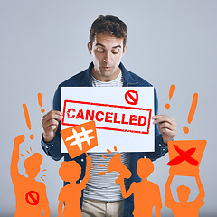 Image showing Man, cancelled poster and protest, censorship and bullying in studio isolated on a white background overlay. Sign, cancel culture and angry crowd ban influencer on social media for freedom of speech