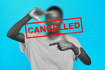 Image showing Cancelled, ban and woman with censor face for boycott, silence opinion or shaming. Backlash, audience or text overlay censorship for social media critic, discrimination and abstract blue background