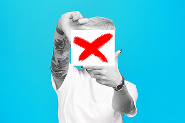 Image showing Stop, finger frame or woman in studio to block censored profile picture on box or blue background. Hands, cancel culture sign or person with perspective of photography, selfie or creative inspiration
