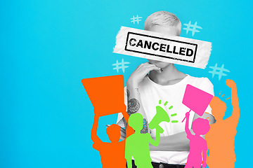 Image showing Ban, cancel and woman with censor on face for boycott, silence opinion or shaming. Stop, audience or text overlay for censorship for social media critic, discrimination and abstract blue background