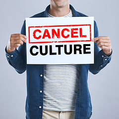 Image showing Hands of man, cancel culture and sign of censorship, bullying and isolated on a white background in studio. Poster, ban and influencer on social media for freedom of speech, politics or wrong opinion