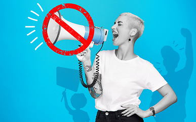 Image showing Censorship, megaphone or woman in protest with announcement or voice on blue background. Silence, stop cancel culture or angry person in rally with news, speech or speaking on opinion on speaker