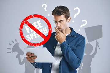 Image showing Censored, policy or man with legal paperwork in protest with announcement or voice on grey background. Silence, cancel culture or person with law news, contact or reading document for compliance