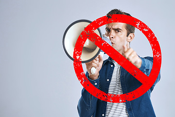 Image showing Megaphone, stop or angry man shouting in studio on white background for freedom or change. Overlay, news announcement or frustrated person screaming on loudspeaker for human rights speech or justice