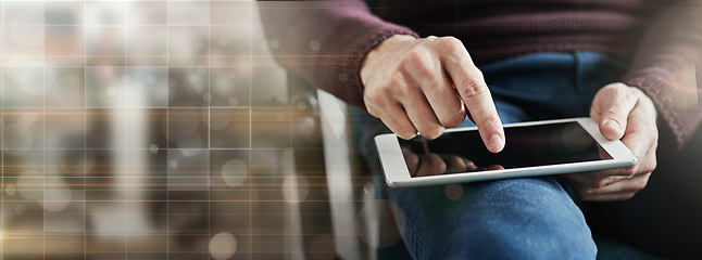 Image showing Business, closeup and man with a tablet, overlay and connection with network, typing and email notification. Banner, consultant and employee with technology, search internet and website information