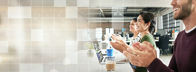 Image showing Business people, applause and teamwork in a meeting, celebration and positive feedback for proposal, project or budget planning. Staff, banner and group clapping, wow and development with cooperation