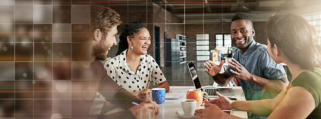 Image showing Banner, meeting and group of creative business people in office brainstorming with space, ideas and digital grid. Overlay, conversation and teamwork, men and women networking at tech startup together