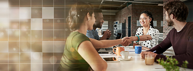 Image showing Banner, handshake and group of business people in meeting with coffee, onboarding and b2b networking with mockup. Interview, men and women with space, overlay and welcome at creative tech startup.