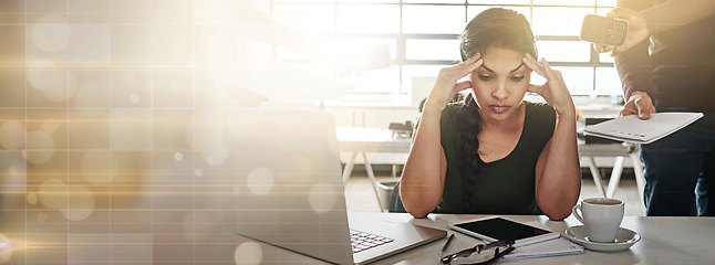 Image showing Headache, stress and business woman banner on bokeh background mockup space on lens flare. Burnout, anxiety and challenge of person, financial crisis and tired of fatigue, overworked and mistake.