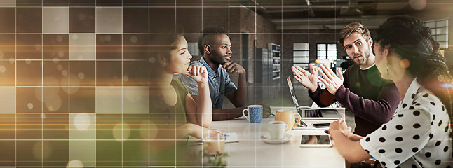 Image showing Business people, conversation and teamwork in a meeting, planning or feedback for proposal, project or tech startup. Mockup space, bokeh or leader with group, grid or ideas with discussion or talking