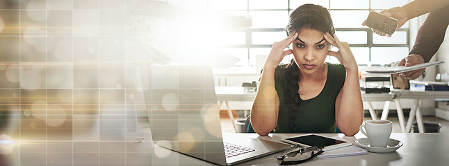Image showing Headache, burnout and banner of business woman on bokeh background mockup space on lens flare. Stress, anxiety and challenge of person, financial crisis and tired of fatigue, overworked and mistake