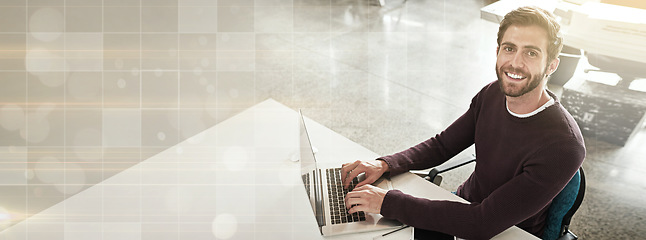 Image showing Banner, laptop and portrait of professional happy man typing wireframe, website design project or online search engine. Grid overlay, mockup space and top view agent working on social media traffic